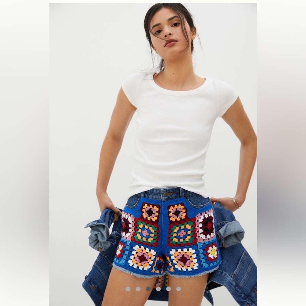 Anthropologie X Farm Rio Ultra High Rise Blue Crochet Denim Shorts